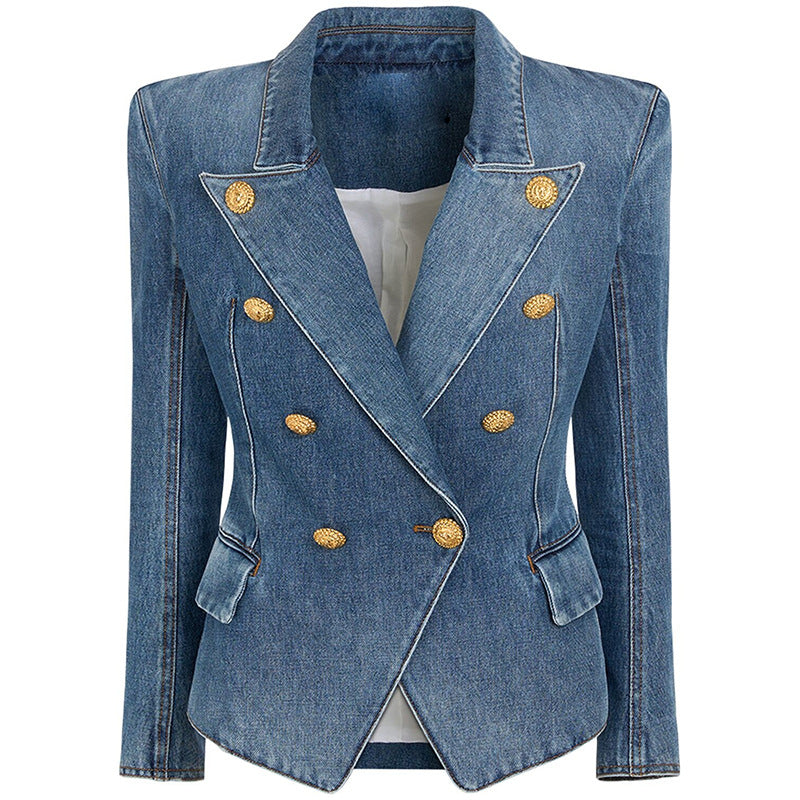 Durable Elegant Slim Double-breasted Washed Denim Small Suit