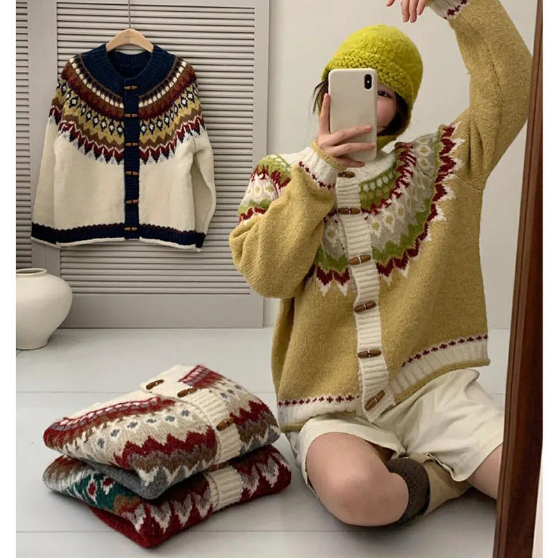 Women's Glutinous Jacquard Loose-fitting Idle Style Vintage Knitwear
