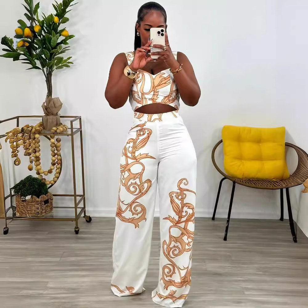 Sexy Print Suspenders High Waist Wide Leg Suits