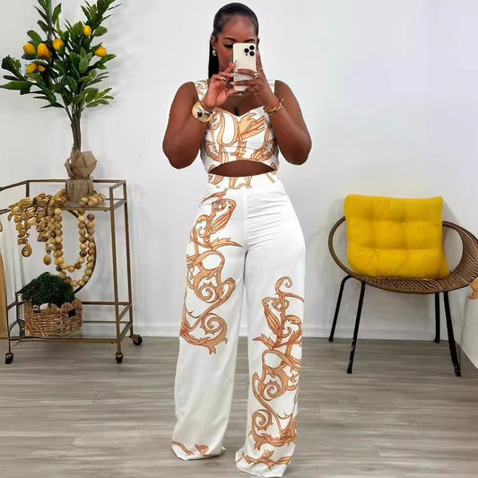 Sexy Print Suspenders High Waist Wide Leg Suits