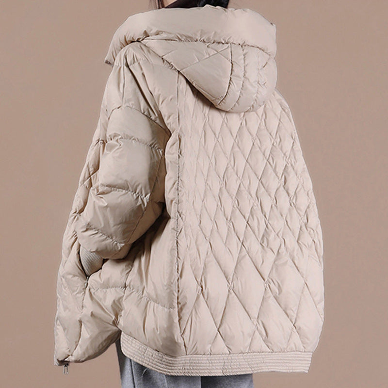 Women's Artistic Rhombus Hooded Light White Duck Down Jackets