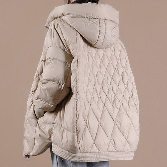 Women's Artistic Rhombus Hooded Light White Duck Down Jackets