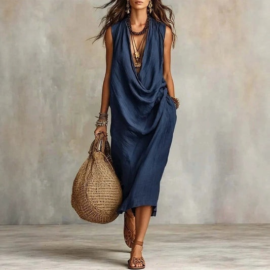 Women's Casual Sleeve Loose Swing Collar Cotton Linen Dress