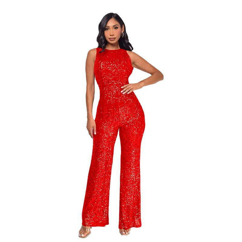 Women's Wind Sleeveless Sequined Round Neck Slim Jumpsuits