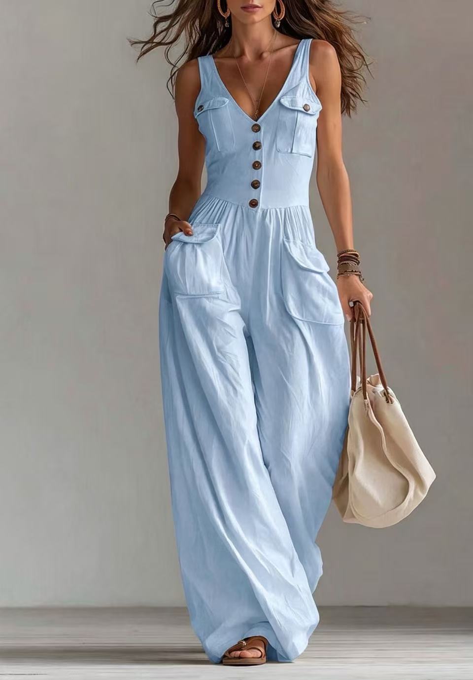 Women's Summer Solid Color Buttons Loose Casual Women's Jumpsuit/clothing