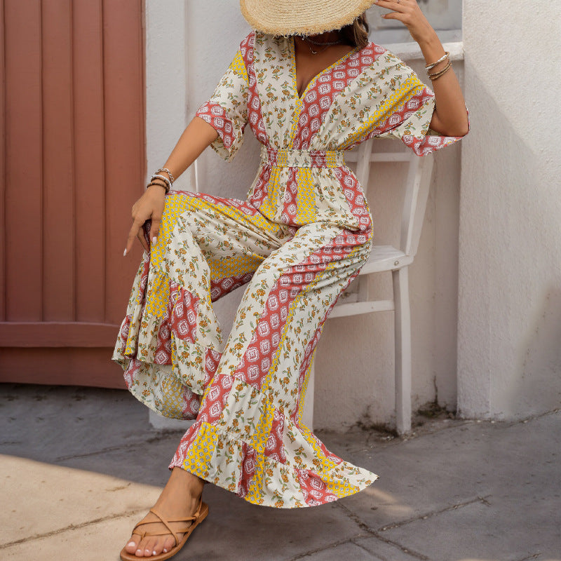Women's Style Printed Retro Waist Trimming High Jumpsuits