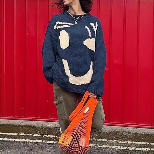Women's Smiley Face Contrast Color Loose Slimming Sweaters