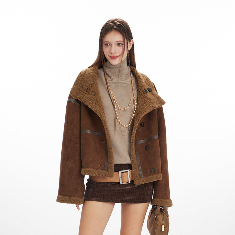 Women's Lamb Wool Warm Loose Stand Collar Shorts