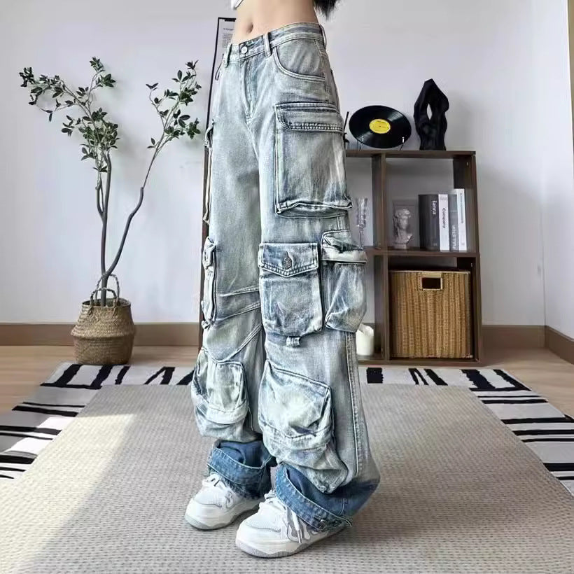 Women's Fried Street Large Pocket Design Washed Gradient Tooling Jeans