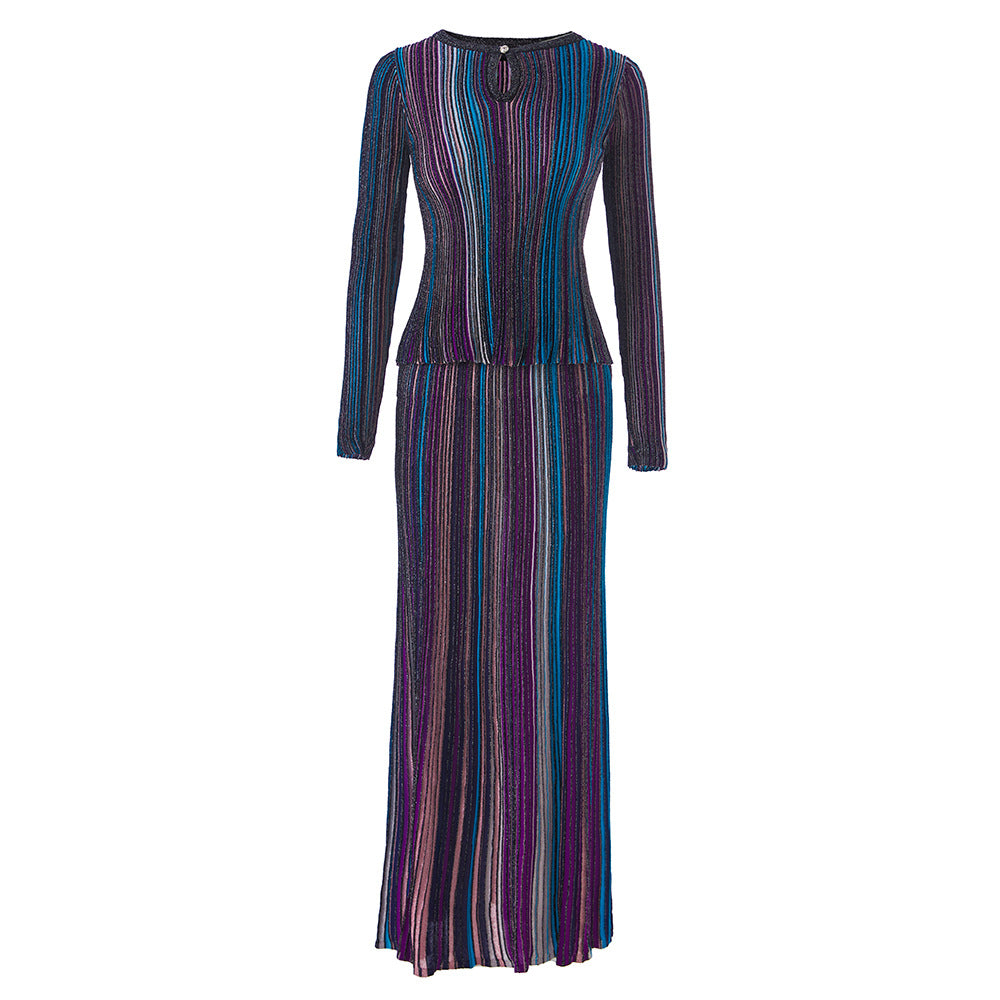 Color Matching Colorful Shiny Long Sleeves Small Round Neck Skirts