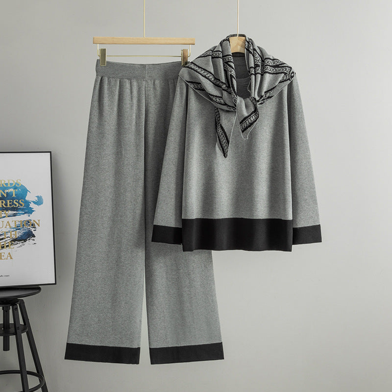 Women's Classic Style Knitting Loose Round Neck Wide Leg Scarf Three-piece Fashion Casual Suit