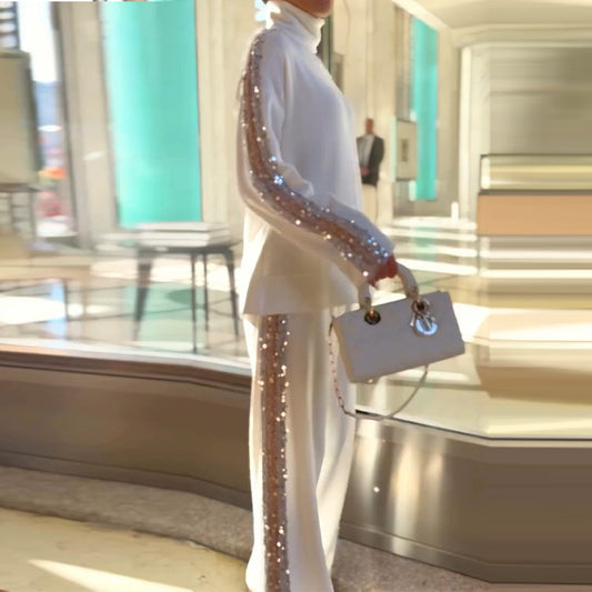 Women's Autumn Turtleneck Fashion Niche Sequined Trim Suits