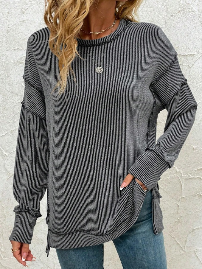 Women's Twist Strip Split Long Sleeve Loose Women's Sweater, Sweater