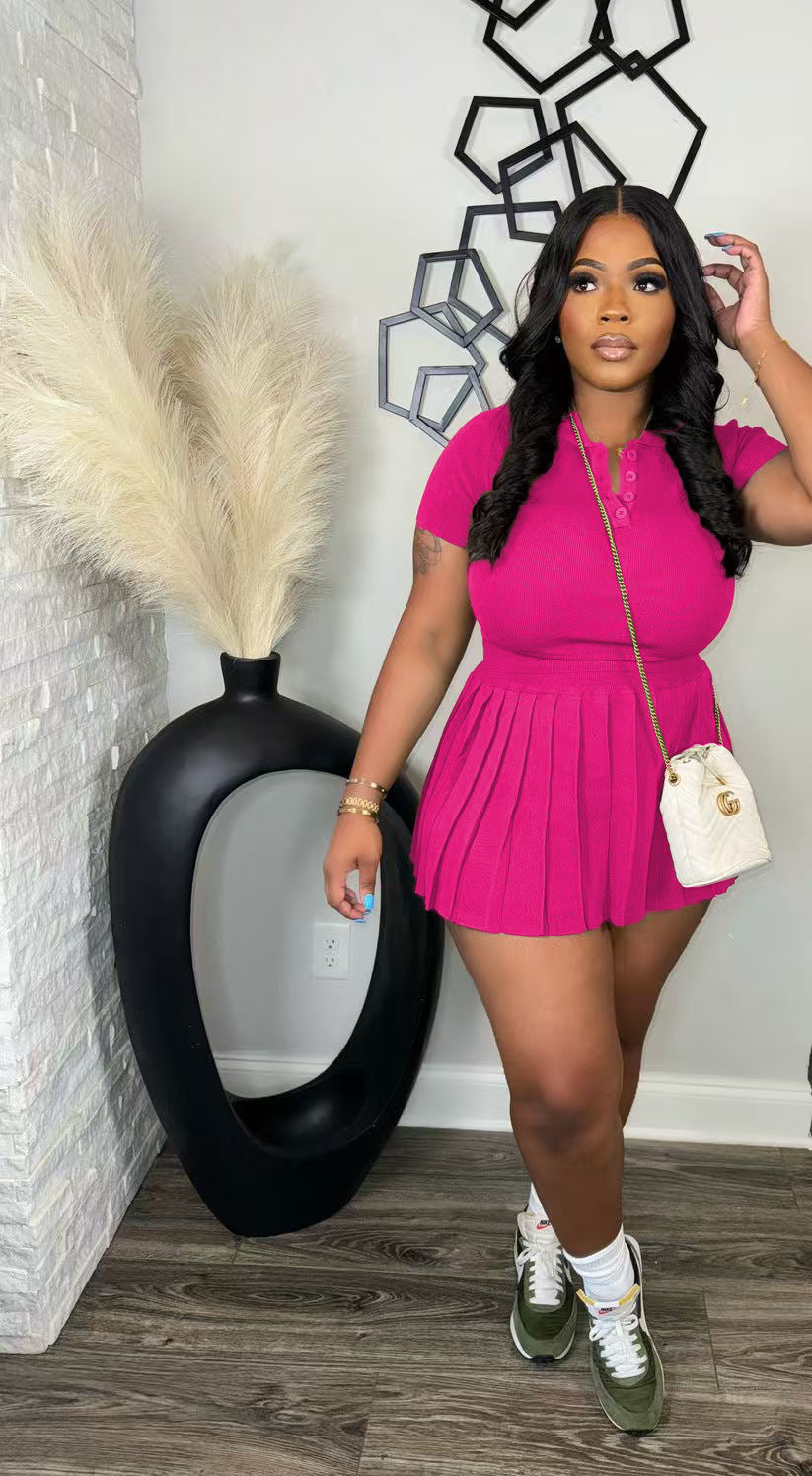 Women's Collar Breasted Pleated Knitted Two-piece Suits