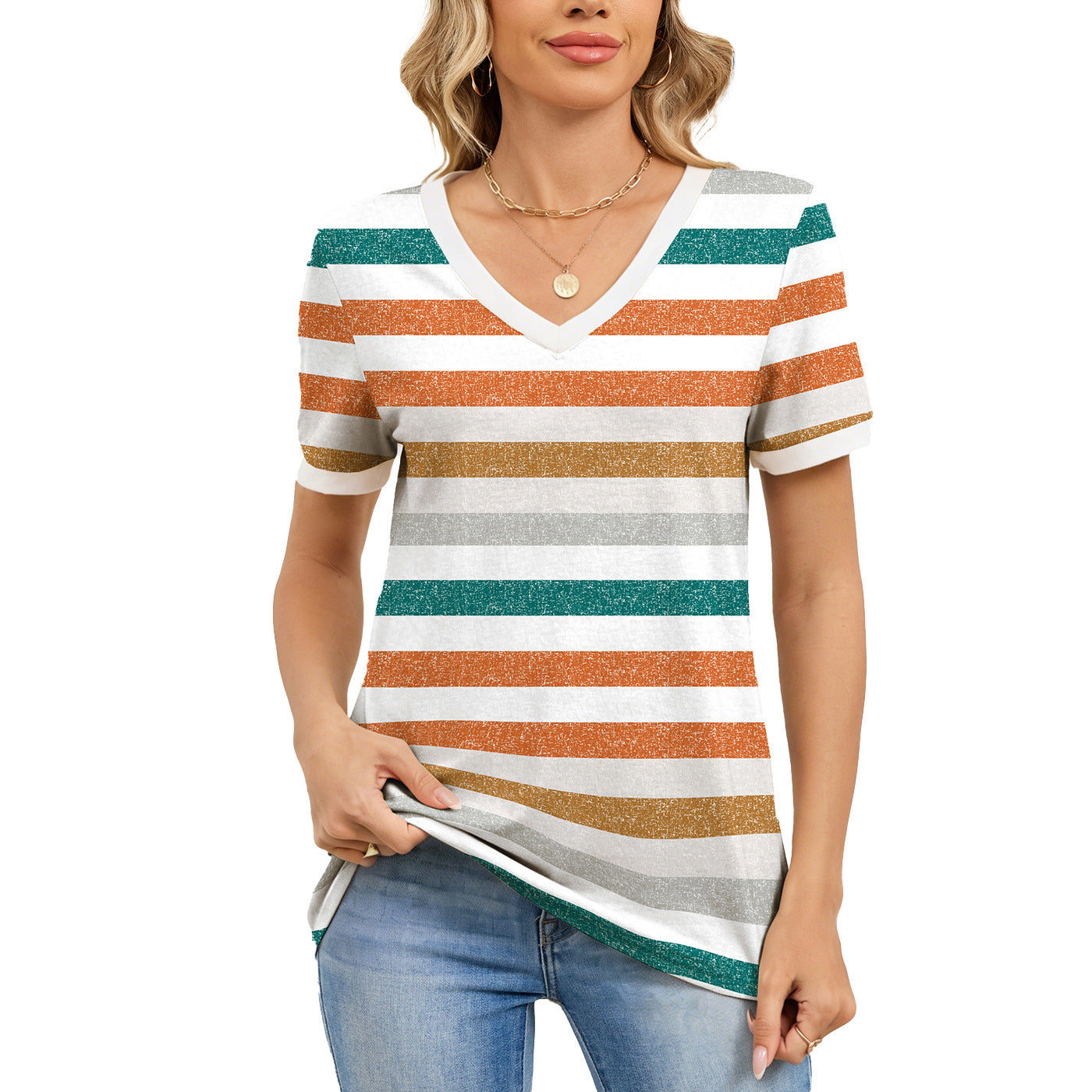 Attractive Striped V Neck Loose Sleeve Shorts