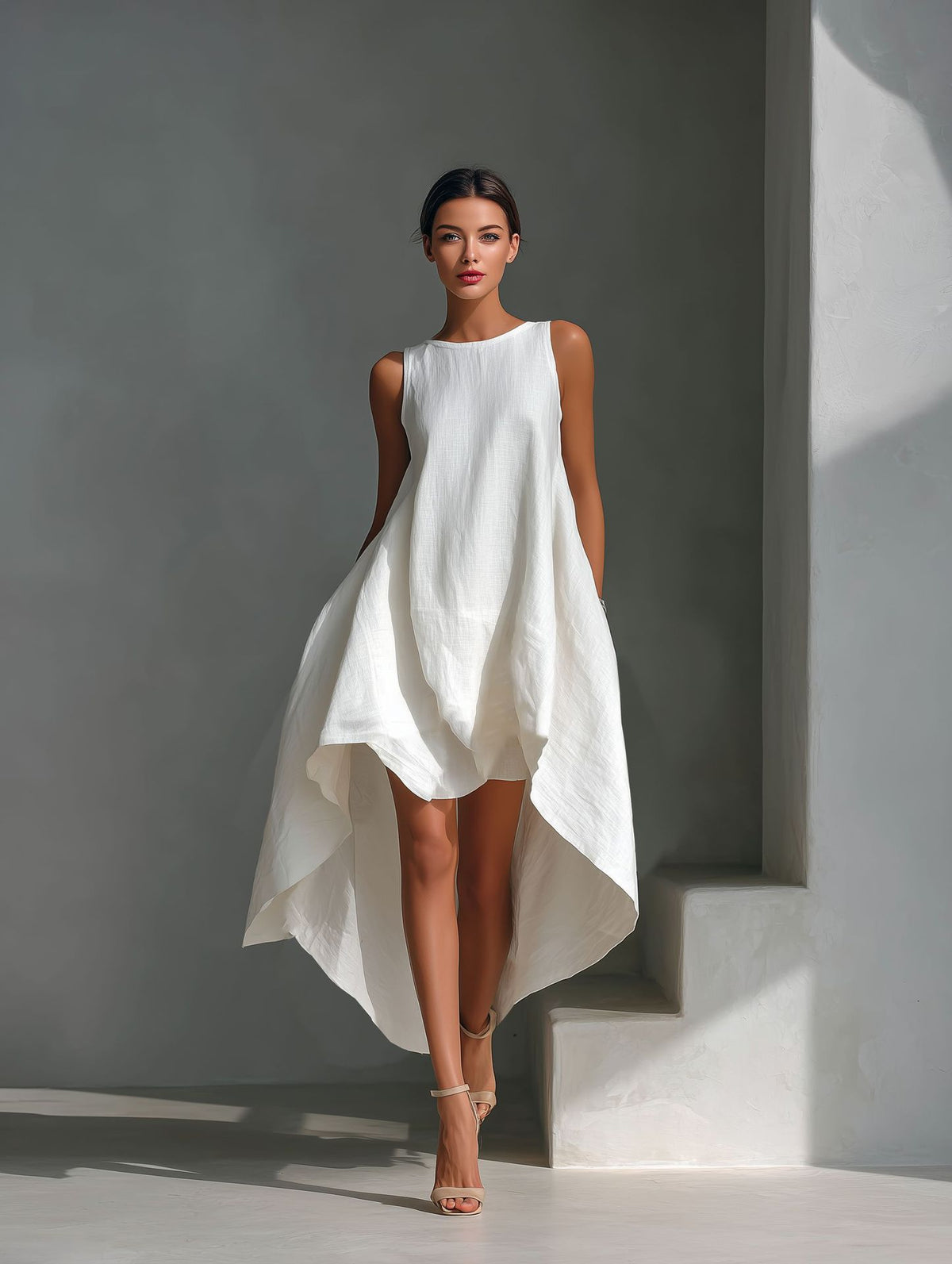 Women's Spring Cotton Linen Front Long Back Irregular Sleeveless Dress