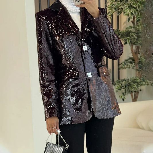 Women's Sequined Design Spring Square Buckle Slimming Suits