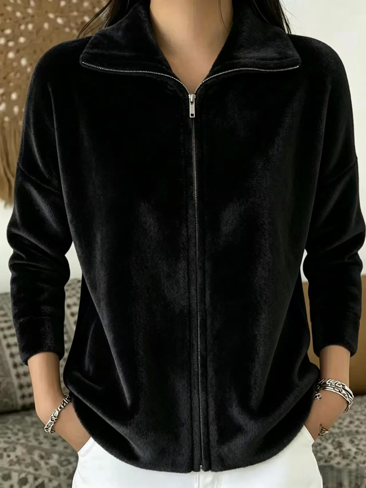 Veet Solid Color Loose Zip Easy Women's Sweater, Sweater