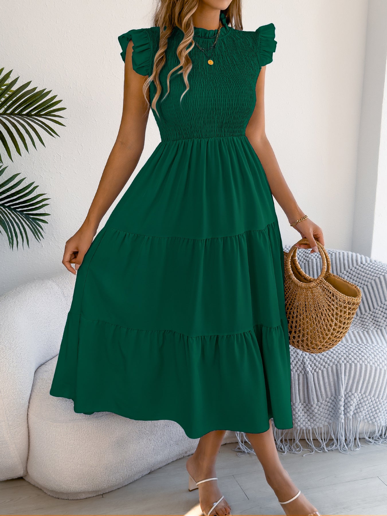 Women's Solid Color Stringy Seedge Flying Sleeves Smocking Dress