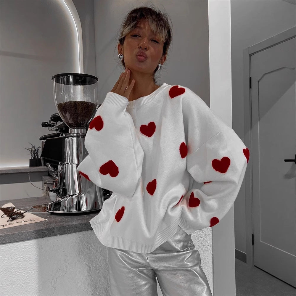 Women's Love Embroidered Crew Neck Loose Casual Blouses
