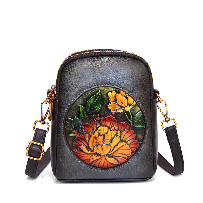 Women's Beautiful Ethnic Leather Carved Peony Phone Bags
