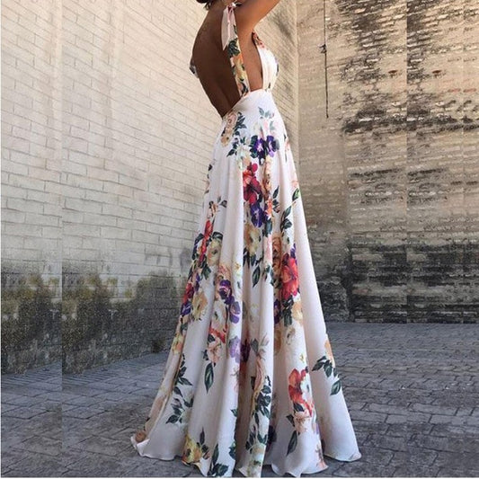 Women's Clothes Exposed Back Printed Large Swing Sleeveless Dress
