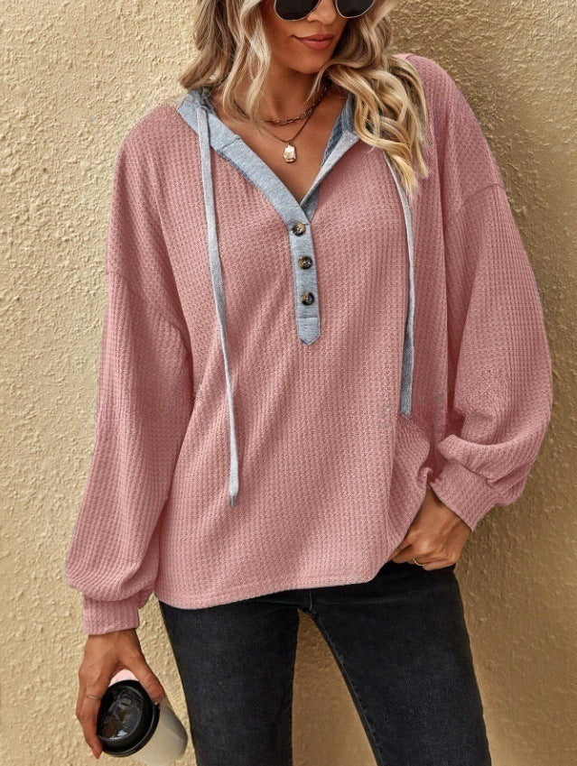 Women's Loose Hooded Casual Waffle Button Long Tops