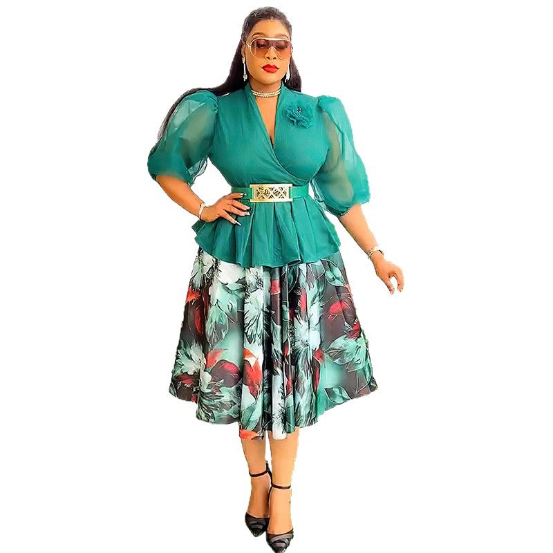 Women's African Wear Chiffon Two-piece Printed Dress Suits