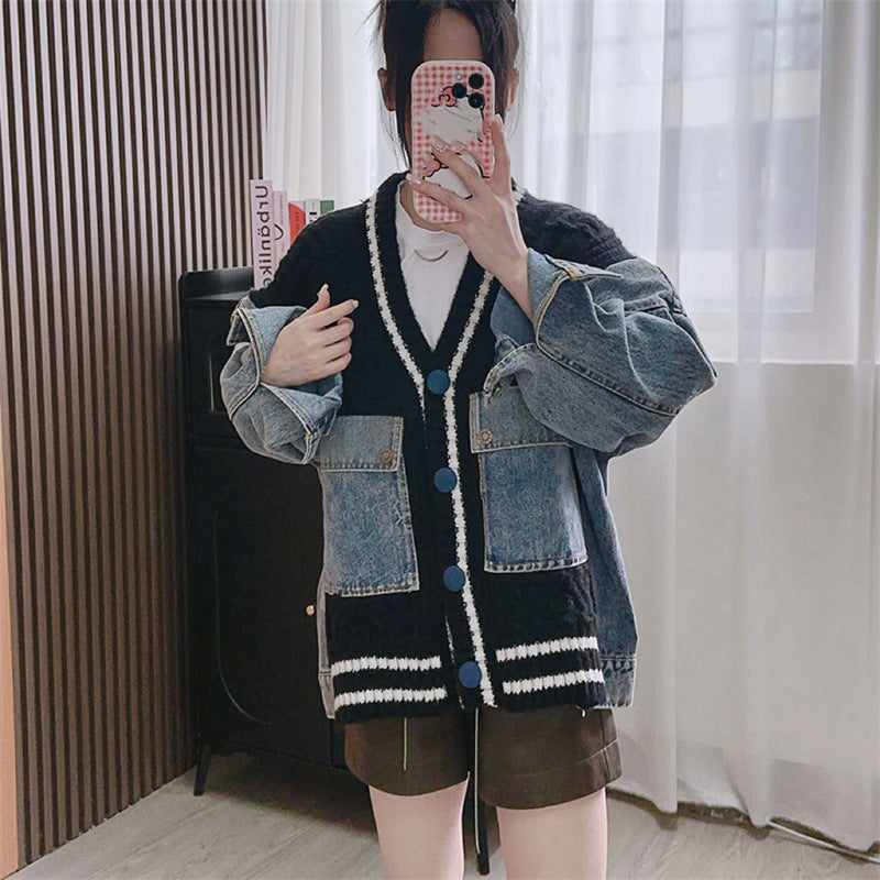 Women's Denim Patchwork Knitting Clothes Thickening Leisure Knitwear