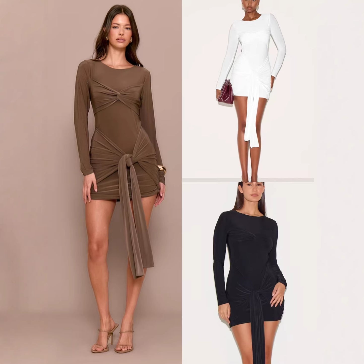 Long Sleeve Twisted Sheath Stretch Fabric Round Collar Dress