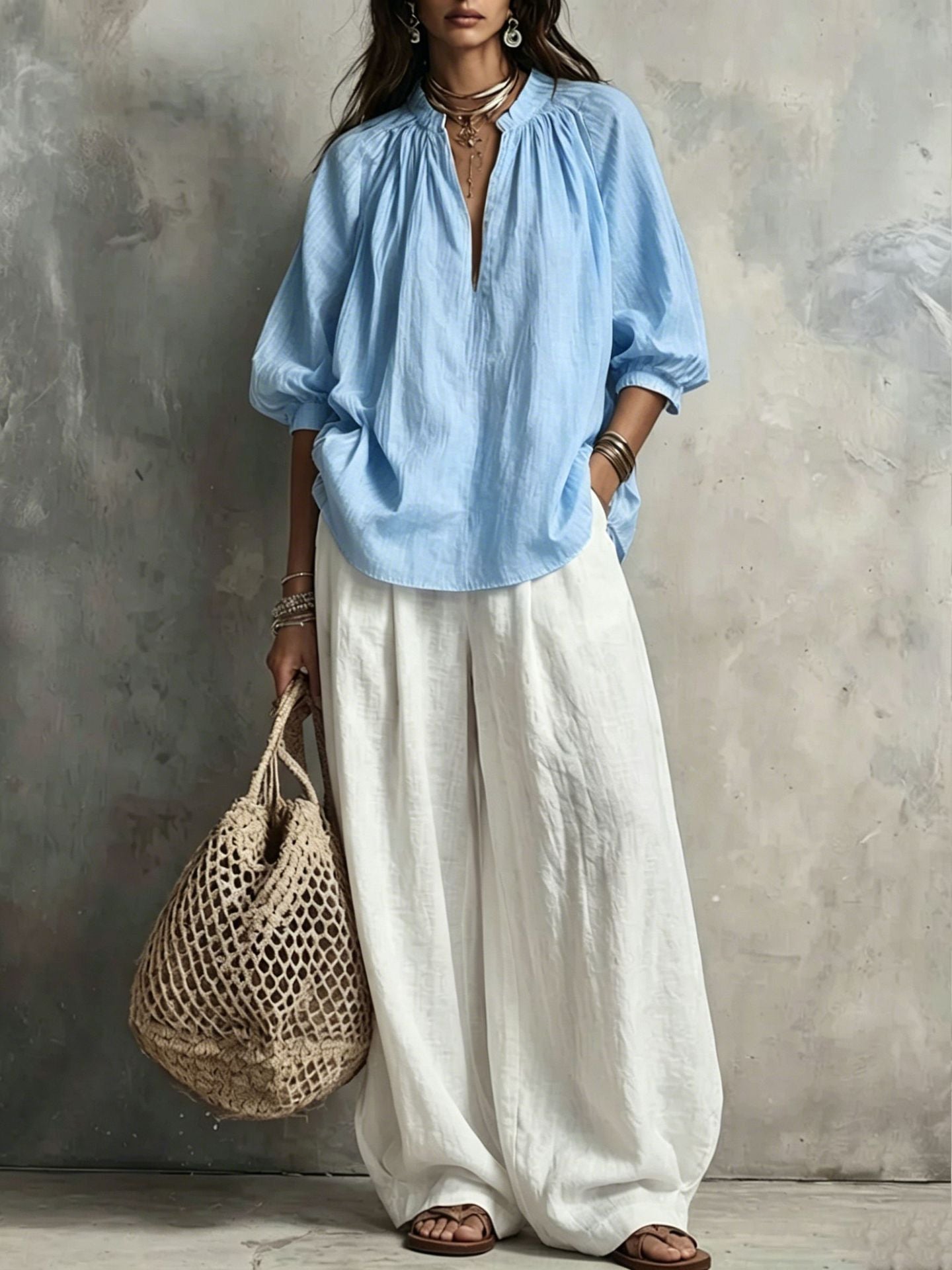 Summer Cotton Linen Puff Sleeve Shirt Wide Fashion Casual Suit