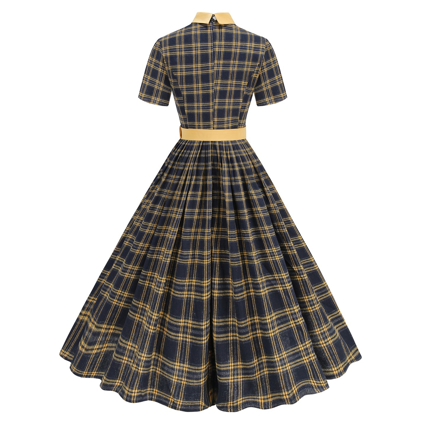 British Court Retro Contrast Color Lapels Pleated Plaid Elegant Dresses