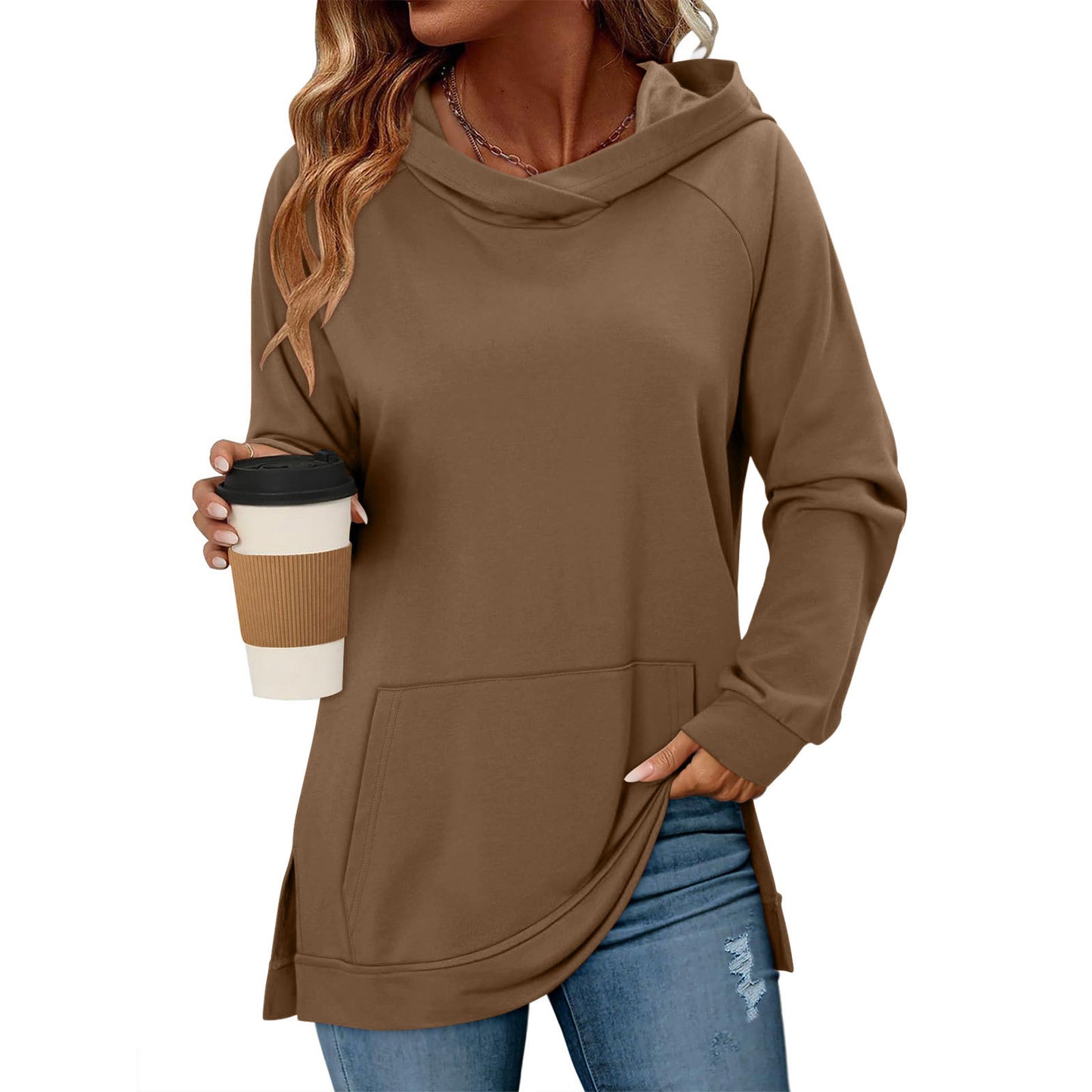 Women's Solid Color Hoodie Wipe Shoulder Long Sleeve Pocket Slit Hemline Women's Sweater, Sweater