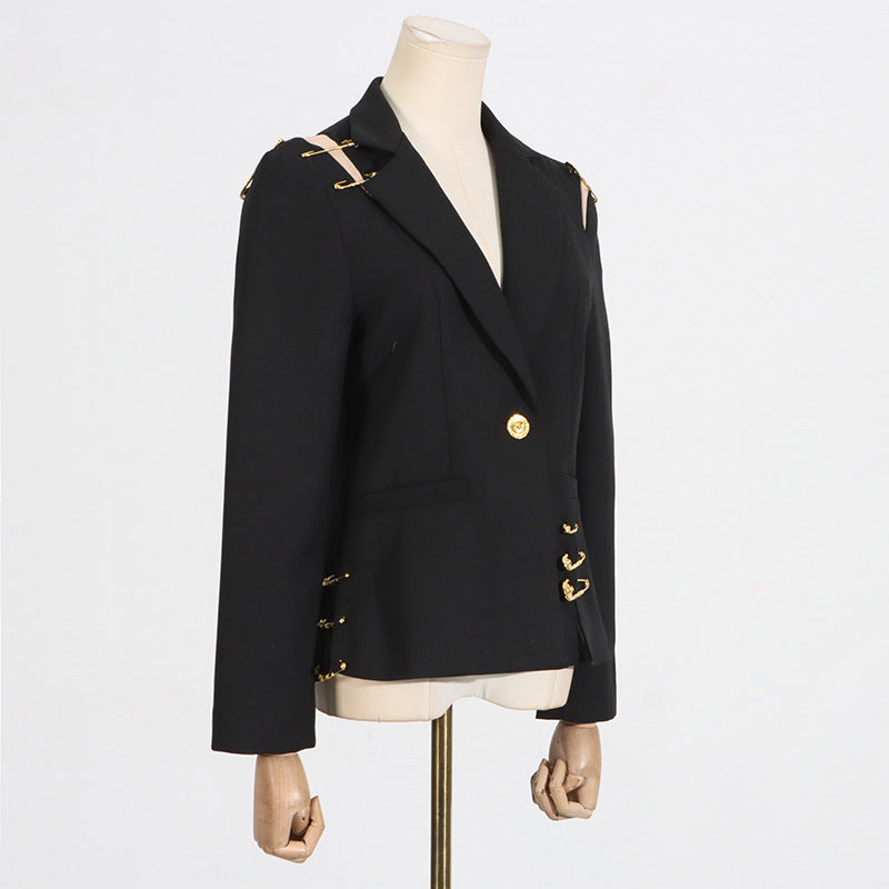 Women's Mesh Stitching Decorative Pin Long Sleeve Slim Fit Blazers