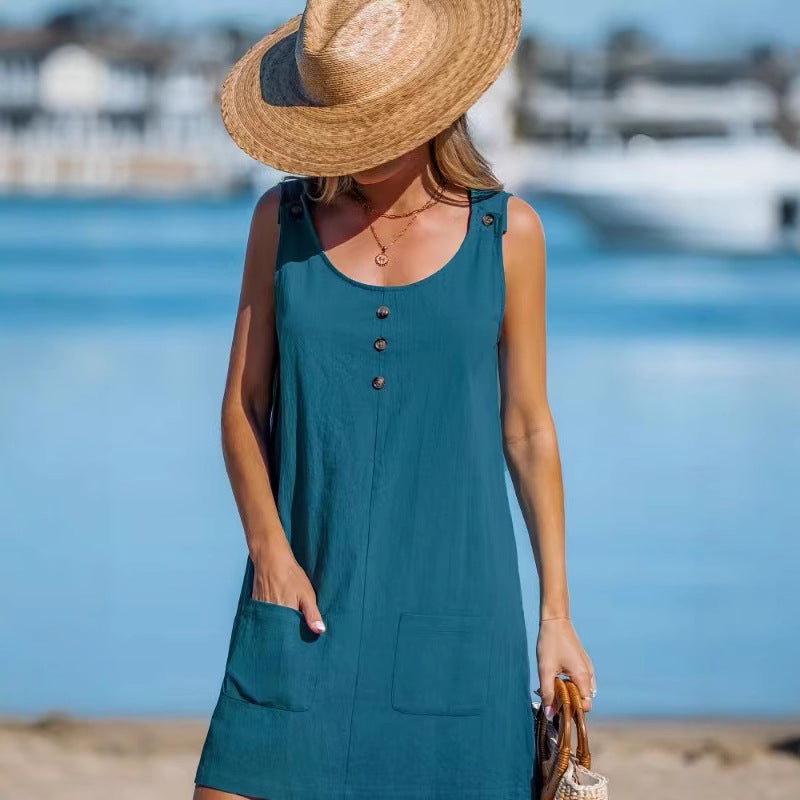 Pocket Button Beach Vacation Style Loose Dress