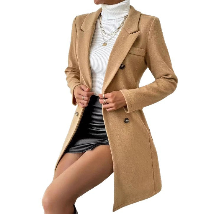 Women's Woolen Elegant Fashion Polo Collar Solid Color Mid-length Double-breasted Coats