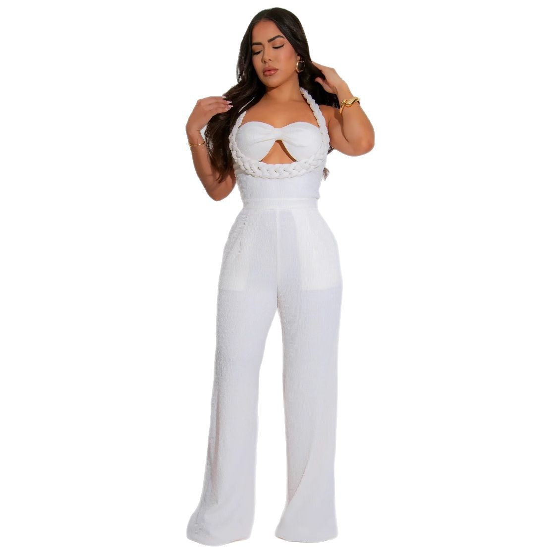 Design Woven Style Spaghetti Straps Sleeveless Loose Pants