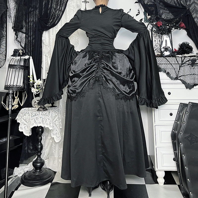 Autumn Lace Stitching Sleeves Ji Dark Blouses