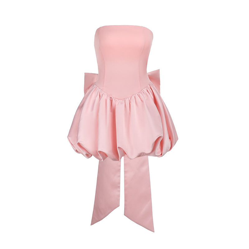 Women's Bow Tube Lantern Dress Dinner Party Dresses