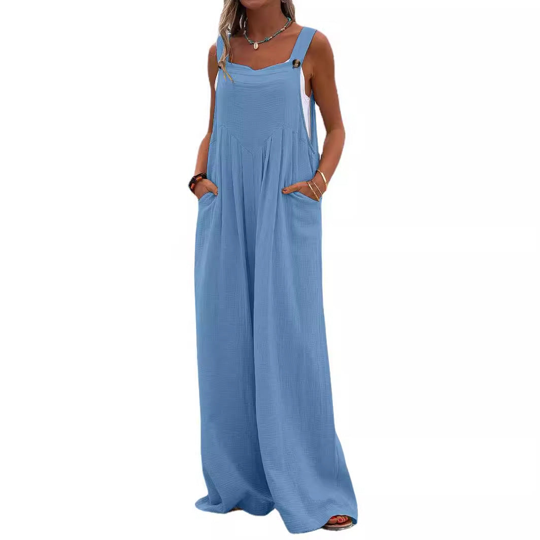 Women's Style Fashion Button Solid Color Wide Jumpsuits