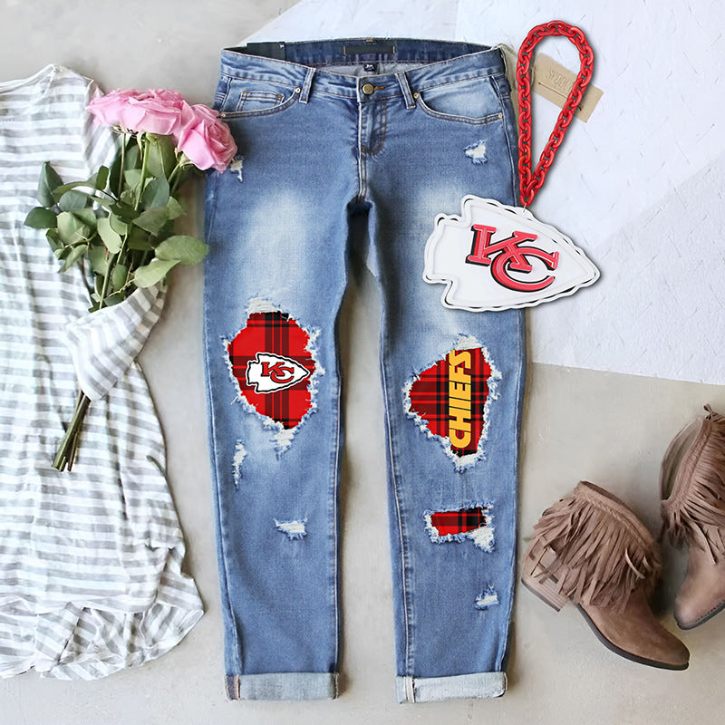 Women's Quality Fashion Winter Printing Ripped Mid Jeans