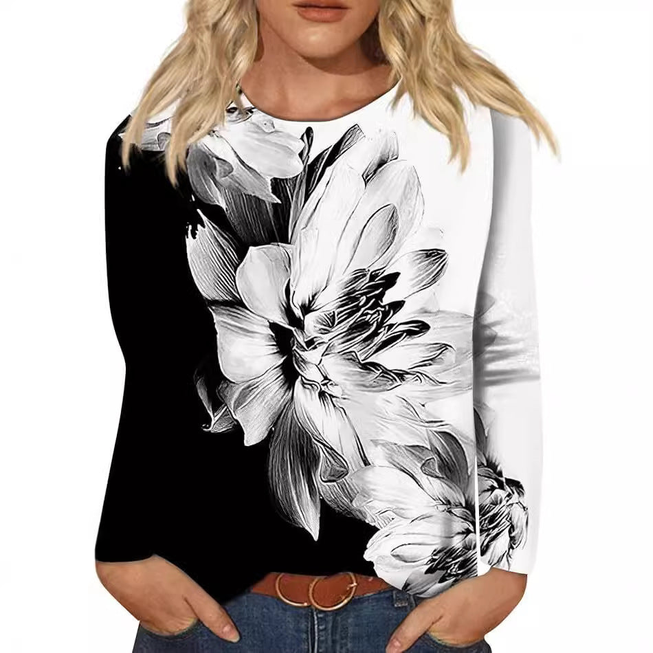 Women's Round Neck Long Sleeve Loose Print Tops