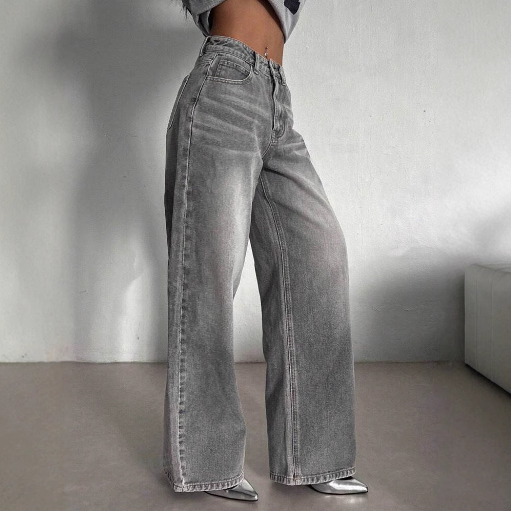 Gray High Waist Fashion Street Design Loose Slimming Women's Jeans