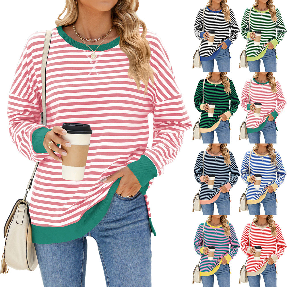 Women's Round Neck Split Long Sleeve Loose Striped Women's Sweater, Sweater