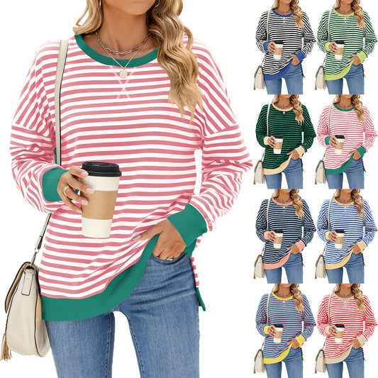 Women's Round Neck Split Long Sleeve Loose Striped Women's Sweater, Sweater