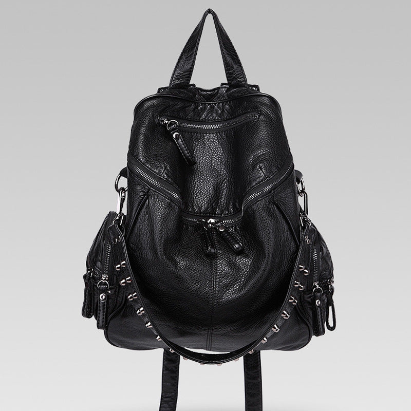 Capacity Studded Unisex Washed Leather Solid Bags
