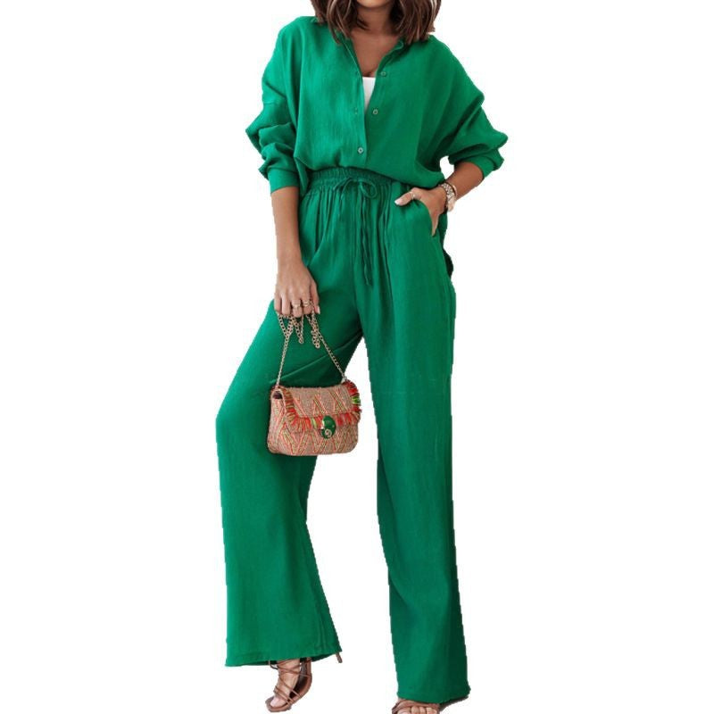 Women's Pure Color Lapel Shirt High Waist Trousers Two-piece Fashion Casual Suit