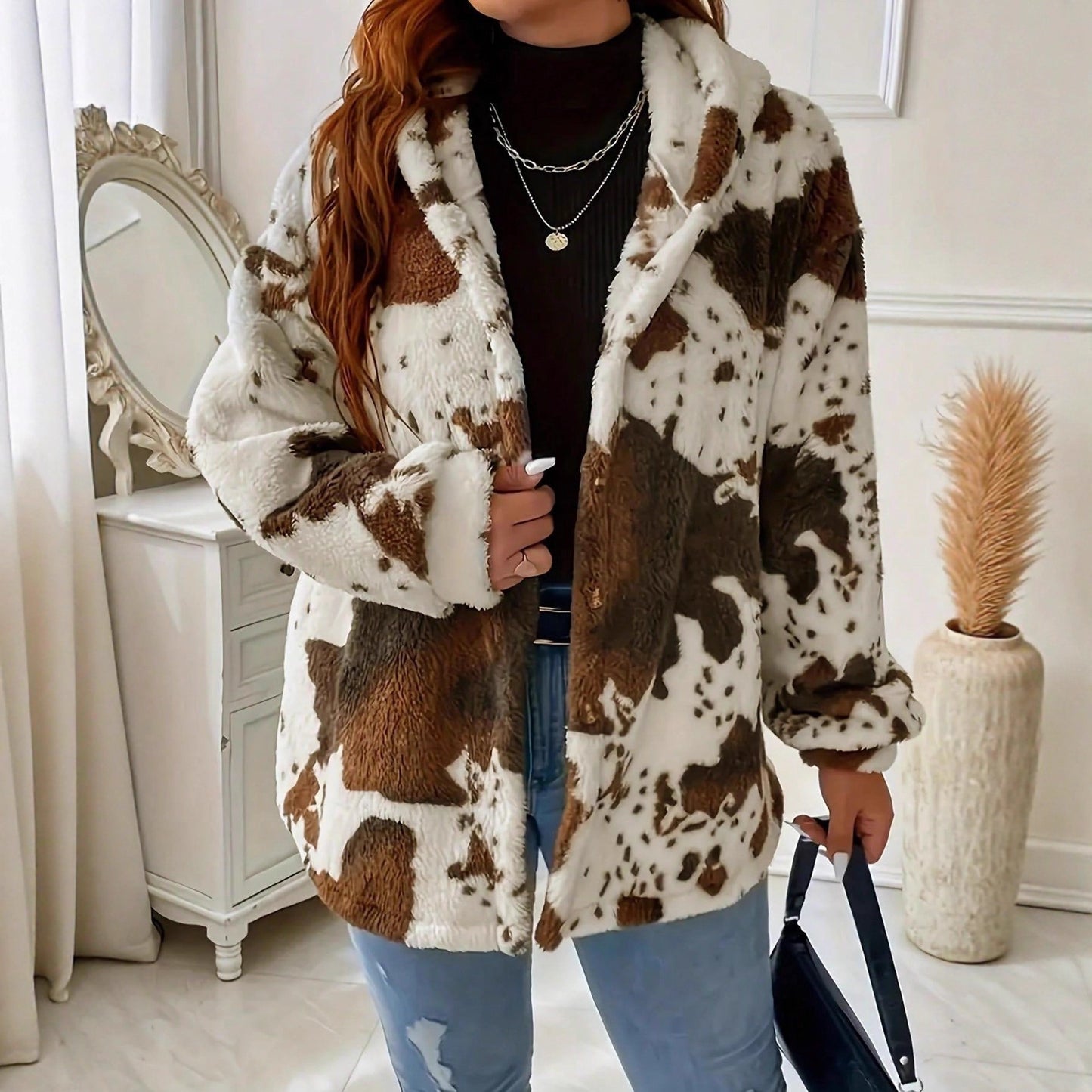 Women's Casual Fashion Plush Cow Print Button Knitwear