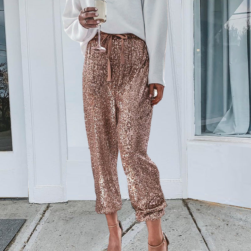 Casual Fashionable Sequins Solid Color High Pants