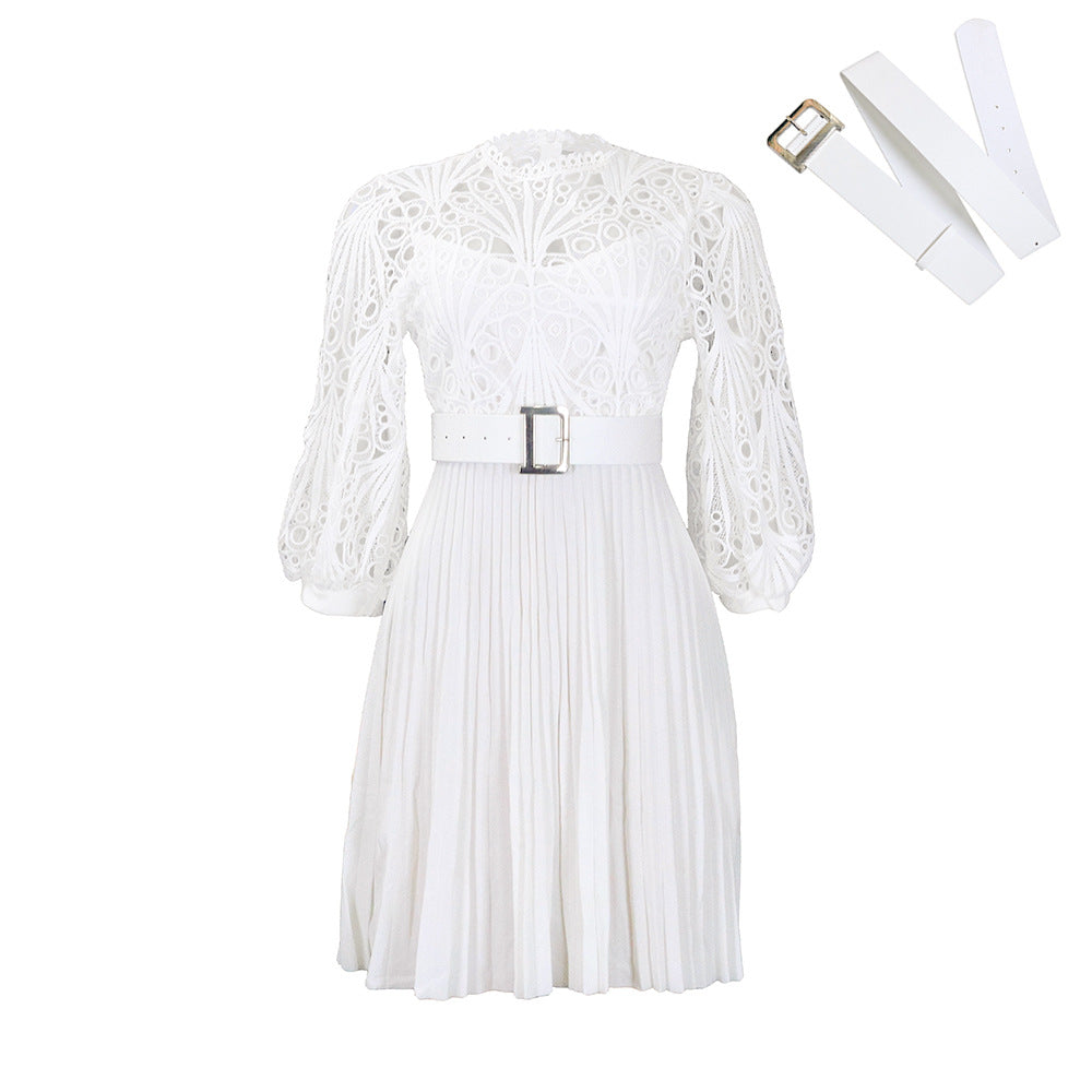 Women's Temperament Pure Color Lace Crocheted Pleated Dress